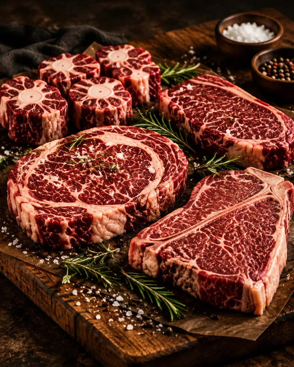 A selection of fresh Black Angus beef cuts on a butcher board