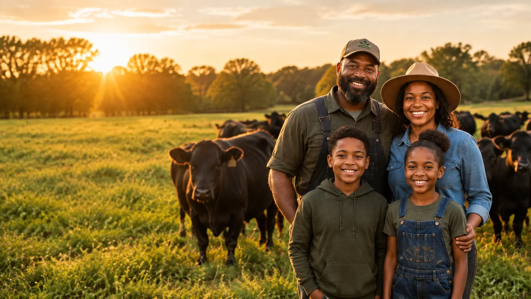 A family standing with Black Angus cattle in a sunlit Georgia pasture